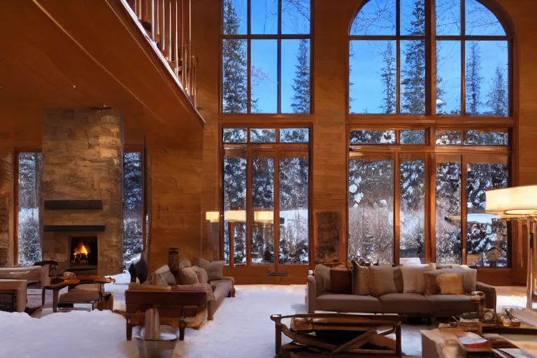 Image similar to interior of a beautiful modern stone mansion in Aspen, golden hour, gentle snow, sunbeams, volumetric lighting, by Emmanuel Lubezki