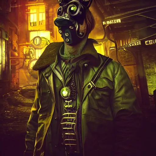 Image similar to gamekeeper wearing a steampunk and neonpunk mechanical fluorescent mystical animal mask in a steampunk city, night, realism, 4 k, octane render, award winning photograph, epic cinematic shot, perfectly defined features, ambient occlusion