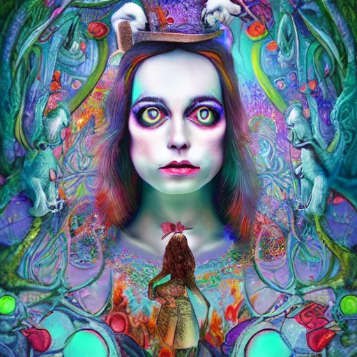 Image similar to An extremely psychedelic portrait of Alice , in wonderland , surreal, LSD, face, detailed, intricate, elegant, lithe, highly detailed, digital painting, artstation, concept art, smooth, sharp focus, illustration