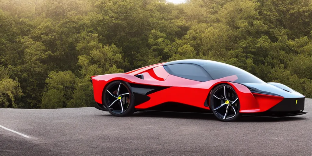 Image similar to a electric sport car designed by ferrari, outdoor magazine, ambient light, fog