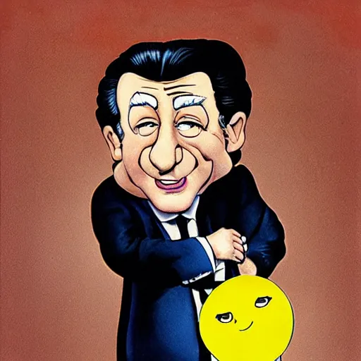 Prompt: cartoon caricature of scowling robert deniro holding a smiley face balloon by bill ward and hirschfeld