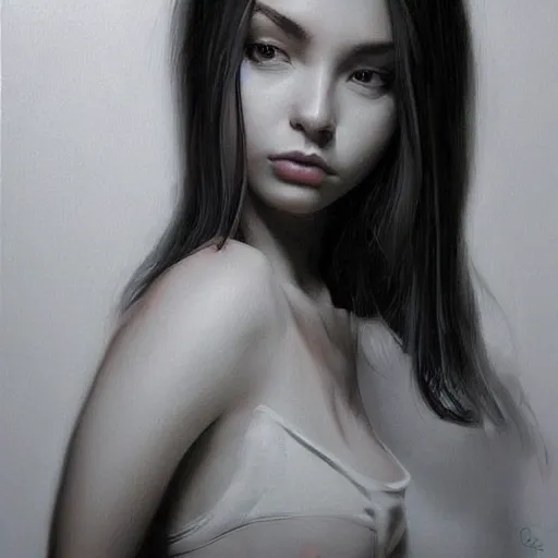 Prompt: realistic portrait beautiful painting leaning to the right, a woman about 2 0 - 2 5 years old, with average body proportions. photorealistic, good lighting, trendy, trending on artstation, smooth draw, sharp focus, trending on deviantart.