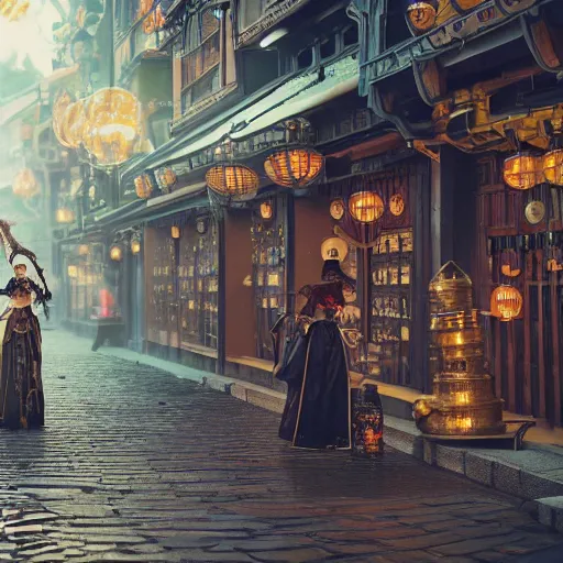 Image similar to steampunk witch making potions in the streets of japan, fairy tale, stunning, surrounding cinematic light, hyper detailed, ornate and intricate, 4 k cinematic octane render