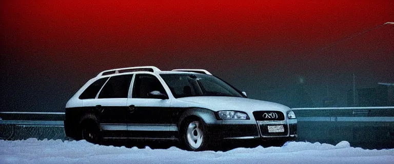 Prompt: Audi A4 B6 Avant (2002), a gritty neo-noir, dramatic lighting, cinematic, eerie person silhouette, death, homicide, homicide in the snow, establishing shot, extremely high detail, photorealistic, cinematic lighting, artstation, by simon stalenhag, Max Payne (PC) (2001) winter new york at night, flashing lights, Poets of the Fall - Late Goodbye