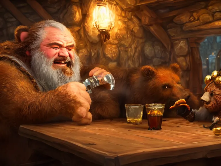 Prompt: Drunk Dwarf and his Bear start a fight at the Tavern, RPG Portrait, Oil Painting, Trending on Artstation, octane render, Insanely Detailed, 8k, HD