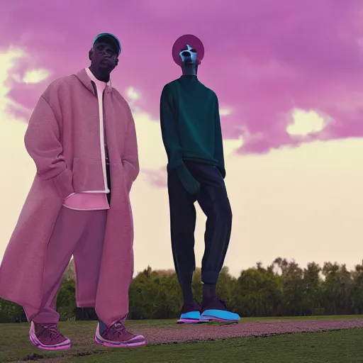 Image similar to a photoshoot for a yeezy x golf le fleur collaborative fashion line, 8 k concept art, detailed, pink skies, vintage, dreamy, earthy