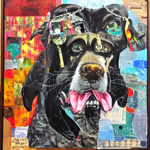 Prompt: mad dog on a chain, collage, acrylic on canvas, breathtaking detailed