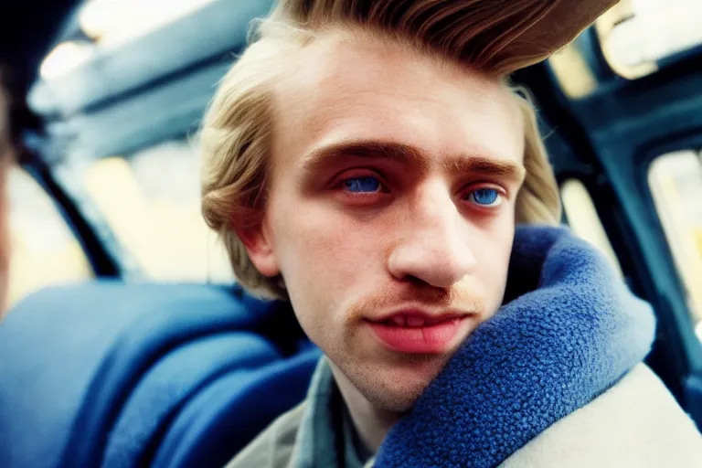 Image similar to candid photo of a Caucasian man sat in back of a UK taxi, Kodak Portra 400,8K,highly detailed: beautiful perspective extreme closeup portrait photo in style of 2000s retrofuturism, photography fashion edition, tilt shift, highly detailed, focus on man ;blonde hair;blue eyes, clear eyes, soft lighting