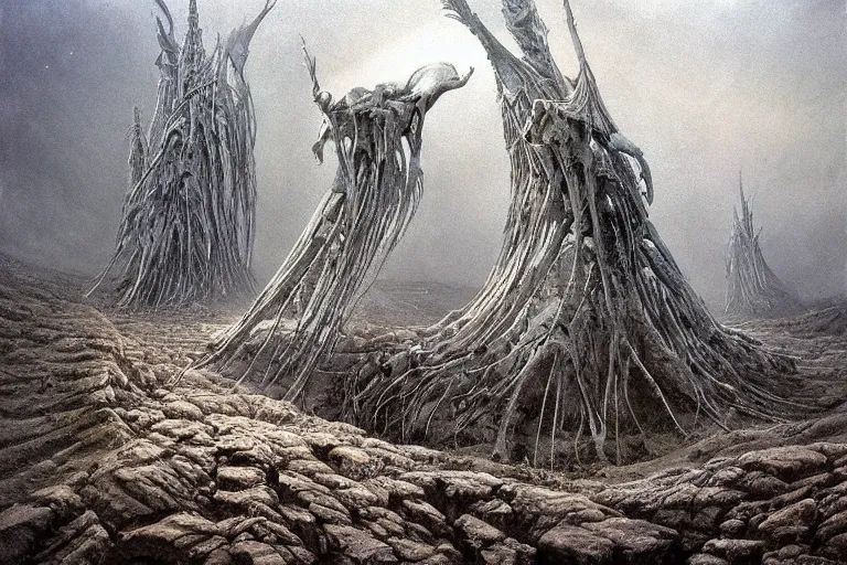 Image similar to amazing concept painting, by Jessica Rossier and HR giger and Beksinski, prophecy, hallucination, the middle of a valley; it was full of bones, bones that were very dry, there was a noise, a rattling sound, and the bones came together, bone to bone , I looked, and tendons and flesh appeared on them and skin covered them, but there was no breath in them and breath entered them, they came to life and stood up on their feet a vast army