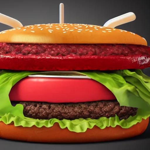 Prompt: burger with teeths haunts you for the rest of your life, horror, blood, creepy burger, 8 k, realistic, hdr, clear image,