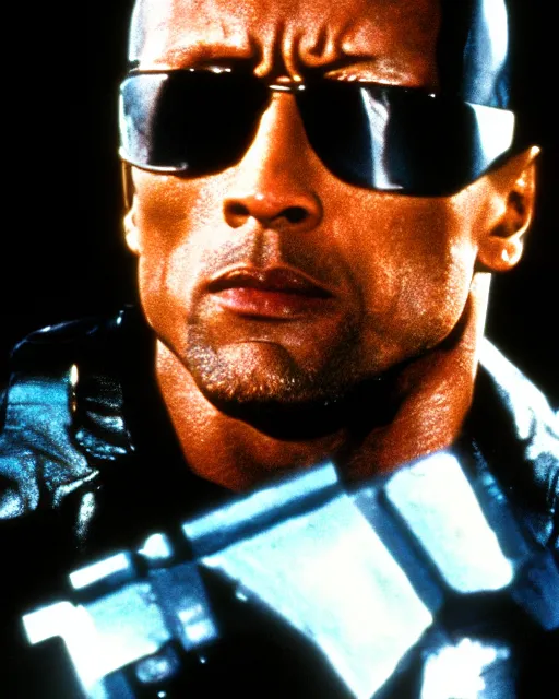 Image similar to Film still close-up shot of Dwayne Johnson as the Terminator from the movie Terminator 2. Photographic, photography