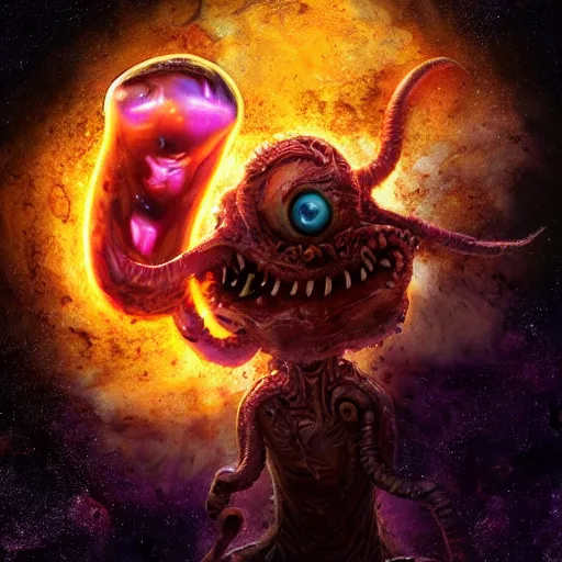 Image similar to one eldritch horror bloody garfield in space, galaxy, hd, 8 k, explosions, gunfire, lasers, giant, epic, realistic photo, unreal engine, stars, prophecy, powerful, cinematic lighting, destroyed planet, debris, movie poster, violent, sinister, ray tracing, dynamic, print, epic composition, dark, horrific, tentacles, teeth