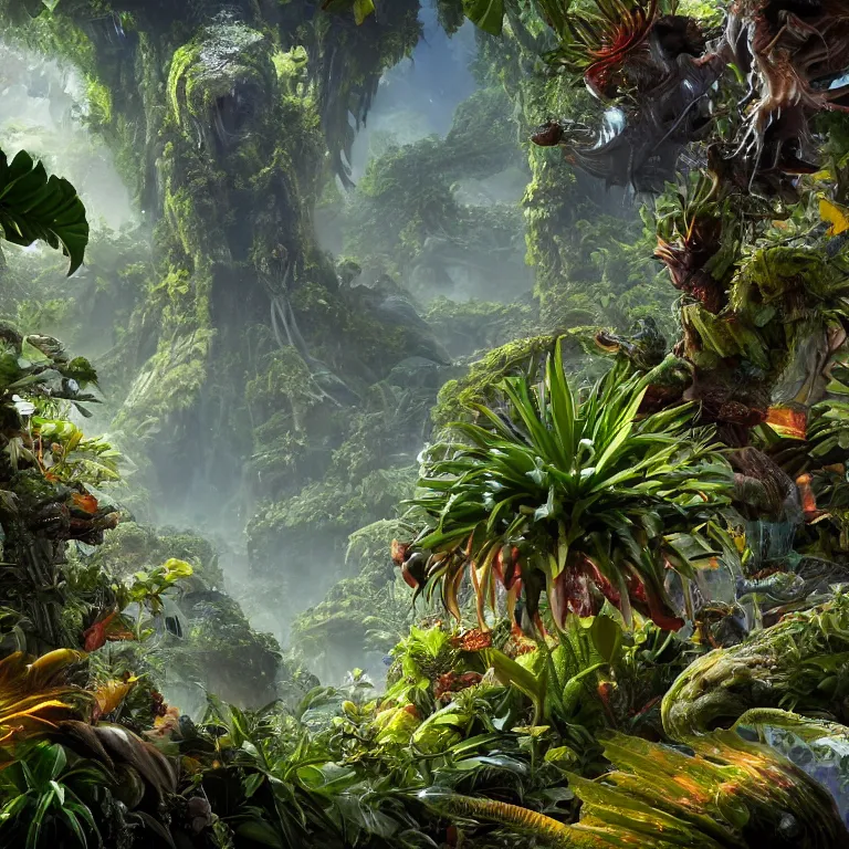 Image similar to octane render by lavinia fontana and naoto hattori and william henry hunt, a vast beautiful luscious alien jungle filled with glowing strange exotic plants and small critters, 8 k, volumetric lighting and shadows, unreal engine, cgsociety