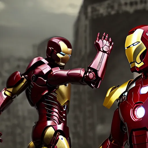 Image similar to iron man and war machine fighting, unreal engine 5, hyper detailed, realistic, volumetric lighting, octane render, 4 k