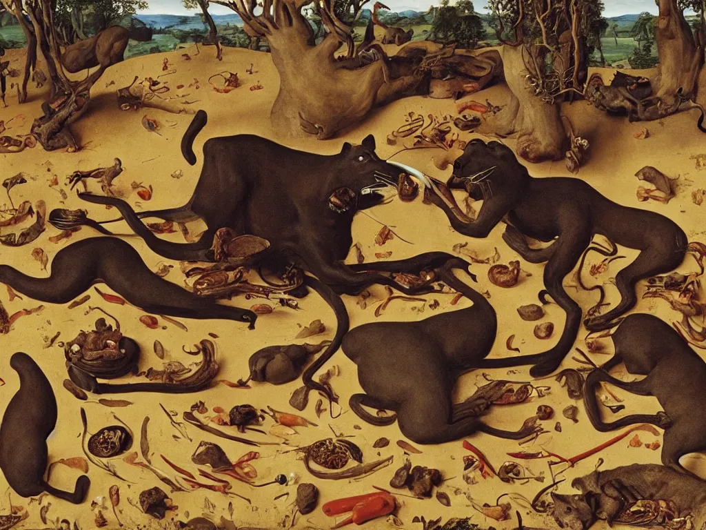 Prompt: woman eating noodles. scratch that. panther eating an antelope. painting by jan van eyck, walton ford