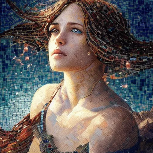 Image similar to mosaic portrait of a beautiful young girl falling into the sky by greg rutkowski, 4k, intricate details, dichotomy