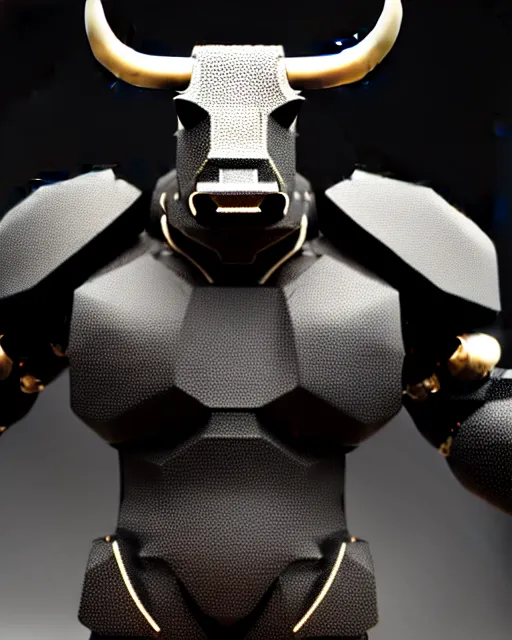 Image similar to a full body shot of an imposing cyborg bull modeled after a bull looking into the camera, contrast lighting, black skin!!!, intricate pattern, hard rubber chest, highly detailed, android, cyborg, full body shot, intricate, 3 d, symmetrical, octane render, fantasy, highly detailed, digital art, artstation, strong bokeh, black face