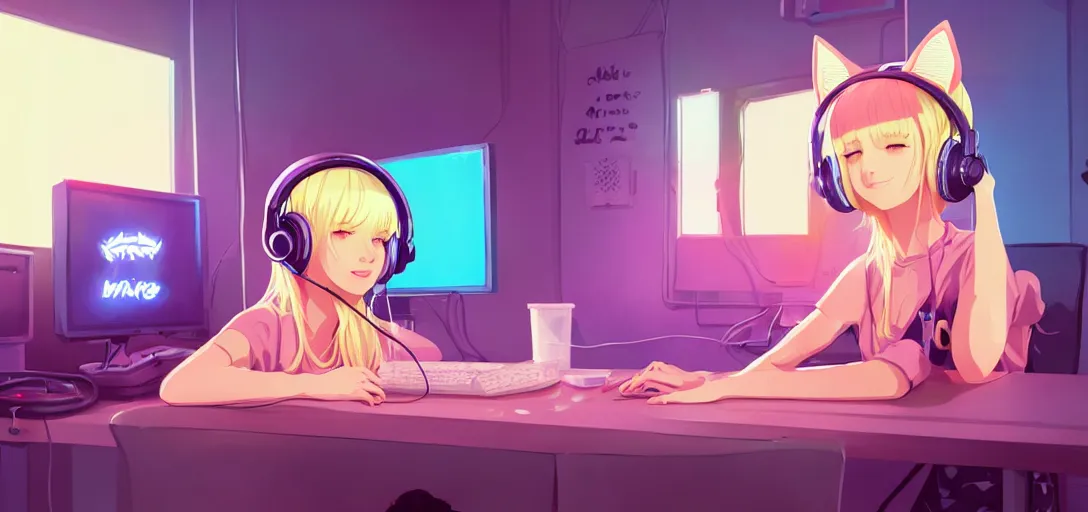 Image similar to a blond woman with cat ear headphones, sitting in front of computer, gamer, computer nerd, cute room, neon lights, gamer aesthetic, lofi vibes, strong crisp lineart and flat color, by ilya kuvshinov, krenz cushart, Greg Rutkowski, trending on artstation