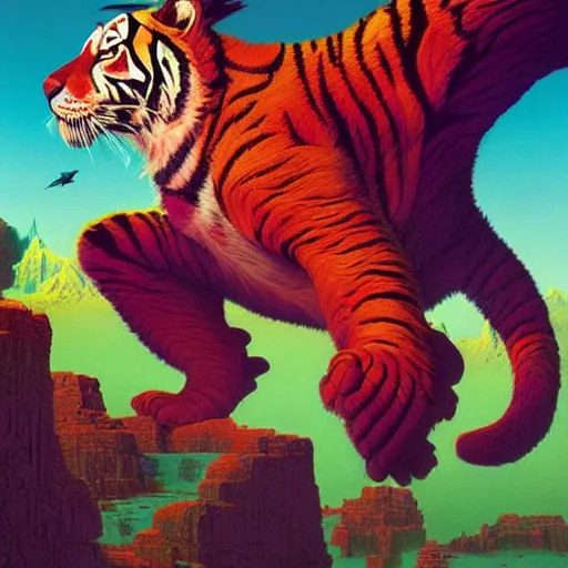 Image similar to colourful breathtakingly weird beautiful powerful magical wonderfully majestic beautifully cool isometric tiger by michael whelan and moebius and beeple and kilian eng and dan mcpharlin and pascal blanche and jamie hewlett and richard dadd, 8 k artstation