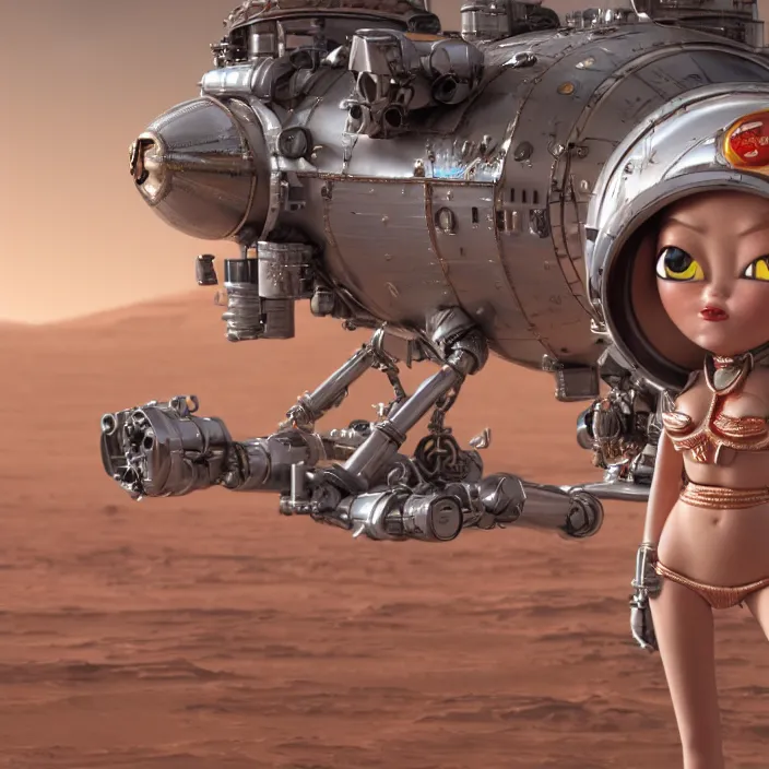 Image similar to highly detailed closeup, portrait of a tin toy bikini spacegirl in a spaceship on mars, unreal engine, nicoletta ceccoli, mark ryden, earl norem, lostfish, global illumination, detailed and intricate environment