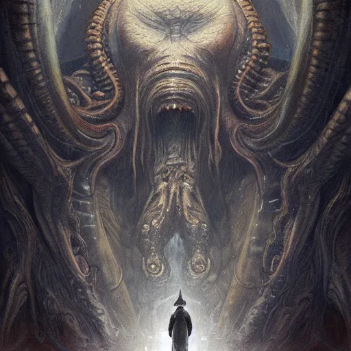 Image similar to human looking at big monstrosity portrait of Cthulhu, hyperdetailed, artstation, cgsociety, by greg rutkowski, by Gustave Dore