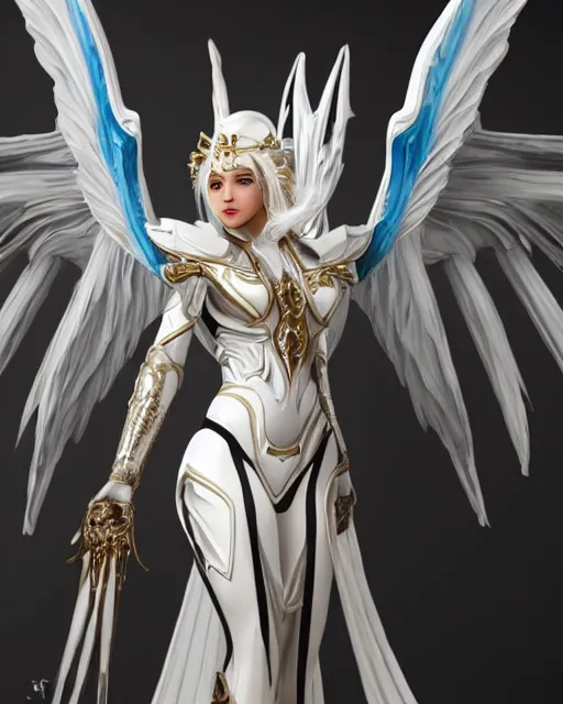 Image similar to perfect white haired egyptian goddess wearing white dove wings, warframe armor, regal, attractive, ornate, sultry, beautiful, dreamy, half asian, pretty face, blue eyes, detailed, scifi platform, 4 k, ultra realistic, epic lighting, android body, illuminated, cinematic, masterpiece, art by akihito tsukushi, voidstar, artgerm