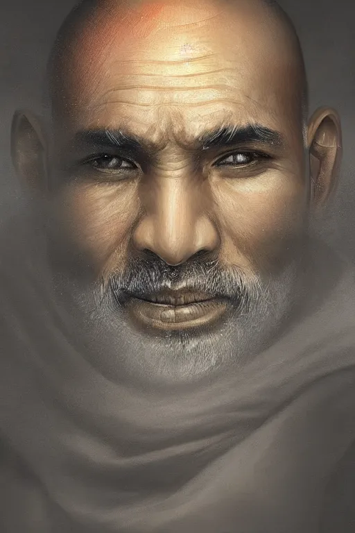 Image similar to hindu monk, close - up portrait, devoted, intricate, elegant, volumetric lighting, scenery, digital painting, highly detailed, artstation, sharp focus, illustration, concept art, ruan jia, steve mccurry