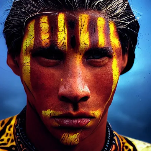 Image similar to portrait of a young jaguar warrior, street pic, depth of field, zeiss lens, detailed, symmetrical, centered, fashion photoshoot, by annie leibovitz and steve mccurry, jim jarmusch, moebius, breathtaking, 8 k resolution, extremely detailed, beautiful, establishing shot, artistic, hyperrealistic, beautiful face, octane render