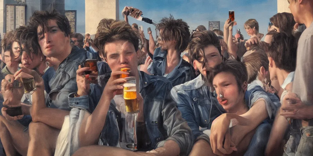 Image similar to beautiful oil matte portrait painting, 8 0 s punks sitting on top of the berlin wall drinking beer, wonderful masterpiece highly detailed, beautiful cinematic light deep focus, elegant, digital painting, smooth, sharp focus, golden ratio, dramatic illumination, ultra realistic, 8 k, art by jimmy law