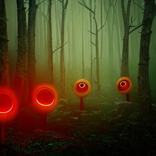 Image similar to An octane render of many pairs of red glowing eyes in a dark forest, extremely detailed, scary, horror, suspense, Unreal engine, 8k render, cinematic, dark, dreary