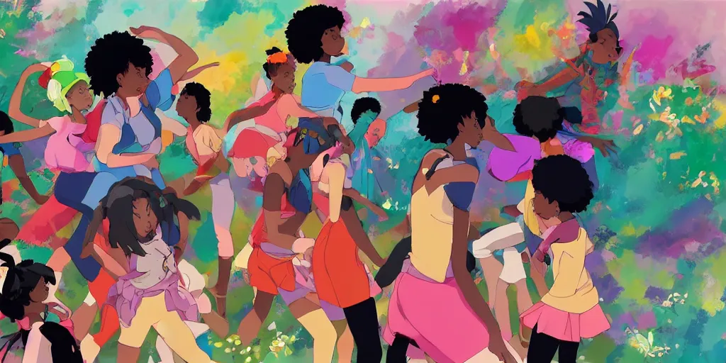 Image similar to colourful, beautiful black girls dancing ,in the style of studio Ghibli,