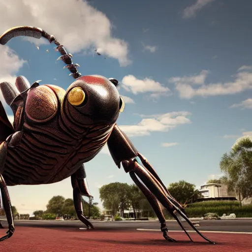 Prompt: People in Perth Australia running in fear from a giant beetle, realistic, 4k