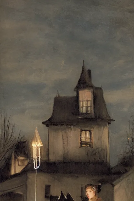 Prompt: 3 Witches on top of the house, a candle in the street Illustration, Cinematic, Marquee, by Camille Corot, trending on artstation, artstationHD, artstationHQ, 4k, 8k