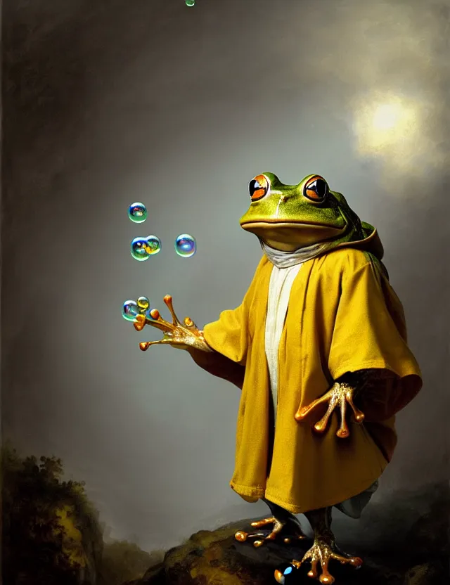 Prompt: an anthropomorphic bipedal frog that is wearing robes, a matte oil painting by rembrandt, in the style of a d & d character, floating bubbles, extreme pose, magic fog, concept art, award - winning, extremely detailed, sharp focus, 4 k