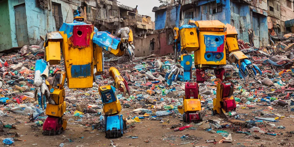 Prompt: colourful but destroyed giant mecha ROBOT of AJEGUNLE SLUMS of Lagos, markings on robot, Golden Hour,