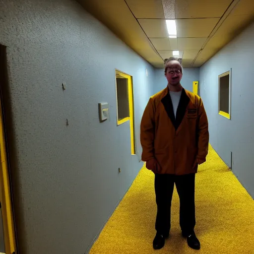 Image similar to flash low quality photograph of a male scientist wearing a lab coat in the backrooms, mustard - yellow old moldy moist carpet room, empty liminal space, very dark shadows, broken fluorescent lighting, horror movie scene, film grain