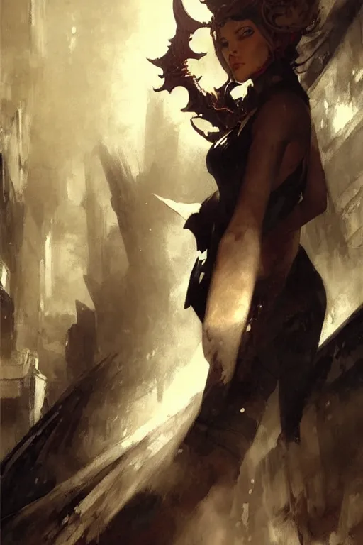 Prompt: well dressed woman in a suit with demonic horns portrait dnd, painting by gaston bussiere, craig mullins, greg rutkowski, yoji shinkawa