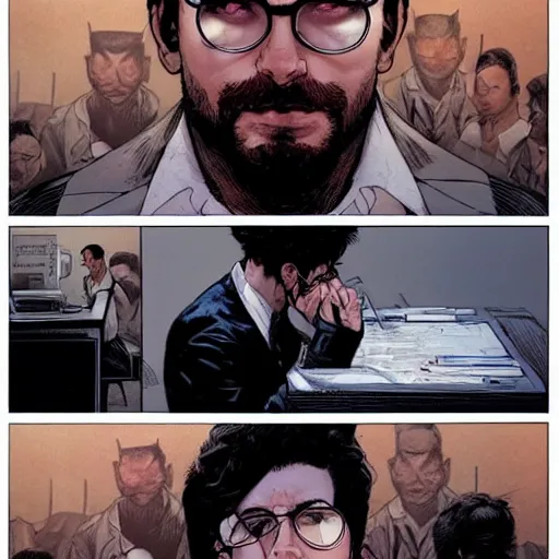 Prompt: a beautiful comic panel artwork of a young male scientist with black hair and glasses and a white shirt by Jerome Opeña, featured on artstation