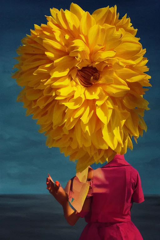 Prompt: closeup girl with huge yellow dahlia flower face, on the beach, surreal photography, blue sky, sunrise, dramatic light, impressionist painting, digital painting, artstation, simon stalenhag