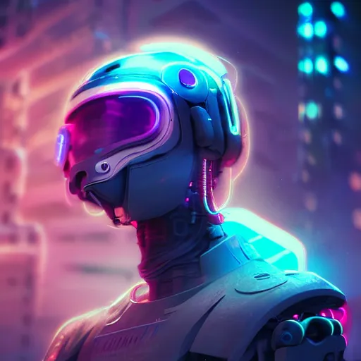 Image similar to cyberpunk concept cool cyborg bot, cinema 4 d, galaxy, cosmos, ufo, space sci - fi, wearing vr goggles, illustration, portrait, pastel neon textured background night, trending on artstation, greg rutkowski, octane rendered, 1 2 k, detailed,