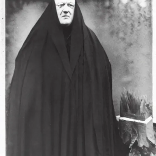 Prompt: aleister crowley wearing a dark hooded cloak