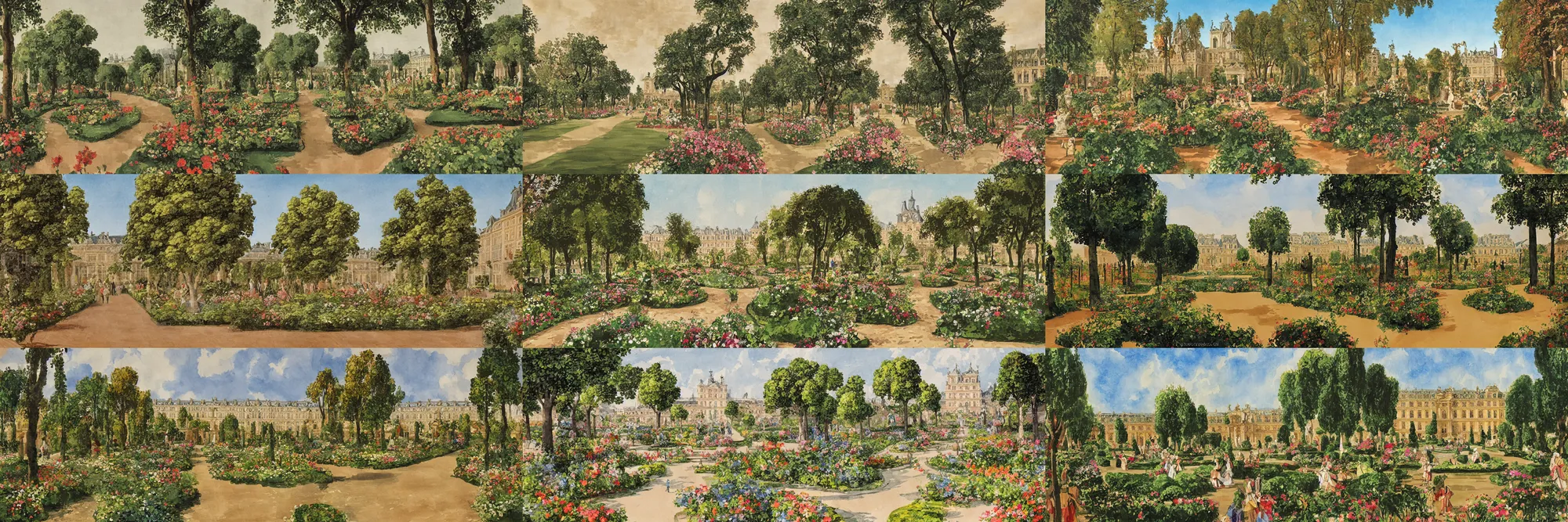 Prompt: Garden promenade at court of Louis XIV, expressive gouache illustration, travel poster design