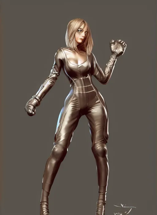 Image similar to full body character design of a beautiful girl in a pose in a fight suit, Digital 3D, highly detailed, sharp focus, smooth, art by WLOP