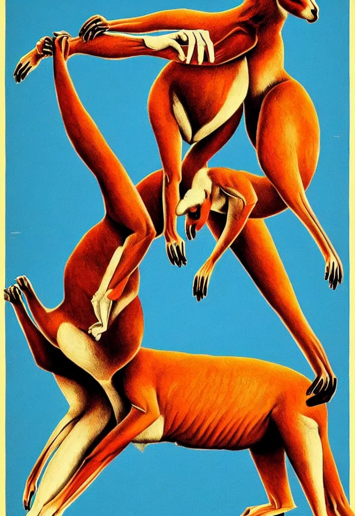 Image similar to kangaroo boxer, anatomically correct, style of soviet poster