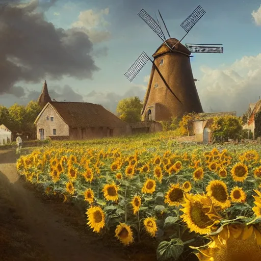 Prompt: a portrait of an sunny town full of sunflowers and villages and an windmill in the middle, Matte painting , detailed painting, made by Greg Rutkowski, 4k resolution, atmospheric, extremely high detail
