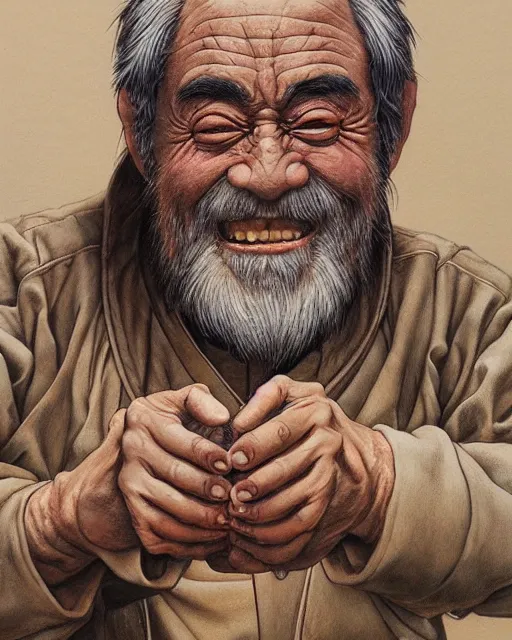 Prompt: real life Uncle Iroh smiling, drinking tea, beautiful, very detailed, hyperrealistic, medium shot, very detailed painting by Glenn Fabry, by Joao Ruas