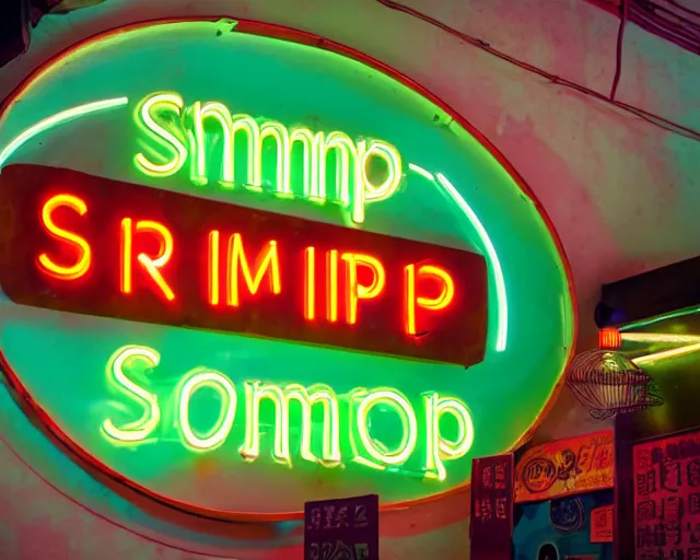 Image similar to neon sign for a shrimp sandwich shop in hong kong, DSLR photography