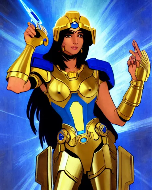 Image similar to a pharah made of blue crystal with a golden mask and helmet hovers ominously in the air inside a high - tech tomb, comic cover painting, masterpiece artstation. 8 k, sharp high quality artwork in style of wayne reynolds, alphonse mucha, arthur adams, greg rutkowski, and don bluth, concept art by jack kirby