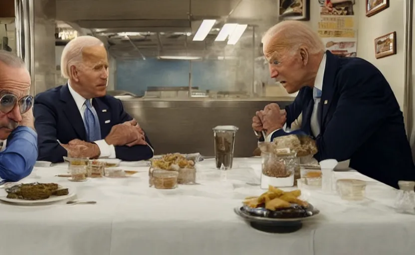 Prompt: photo of joe biden and walter white in the restaurant los pollos hermanos sitting on the same table, looking at each other, ultra detailed, movie frame, cinematical composition, 4 k, breaking bad