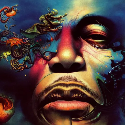 Image similar to ultrawide angle colour masterpiece surreal closeup portrait photography of jimi hendrix playing on stage by miho hirano and annie leibovitz and michael cheval, weird surreal epic psychedelic complex biomorphic 3 d fractal landscape in background by kilian eng and roger dean and salvador dali and beksinski, 8 k